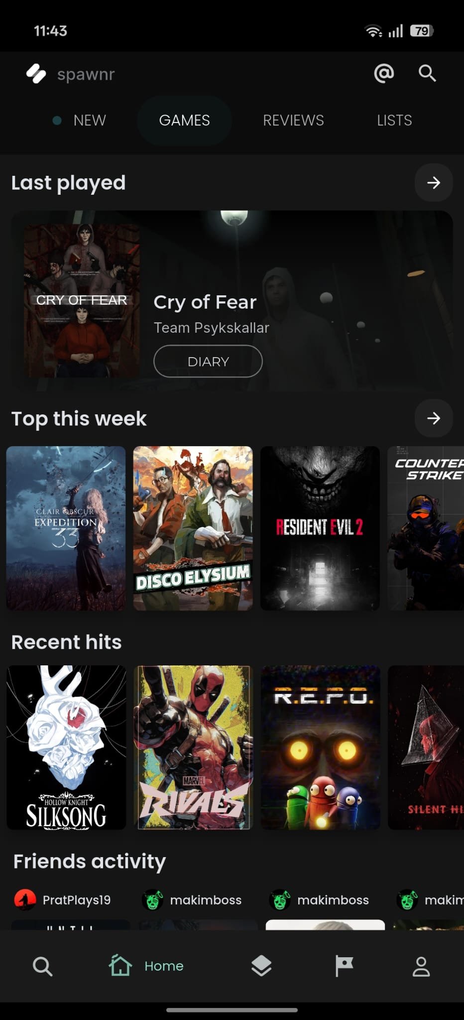 Spawnr Home Screen - Video Game Backlog Manager